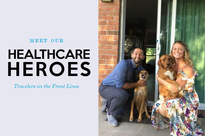 Healthcare heroes on patio with dogs