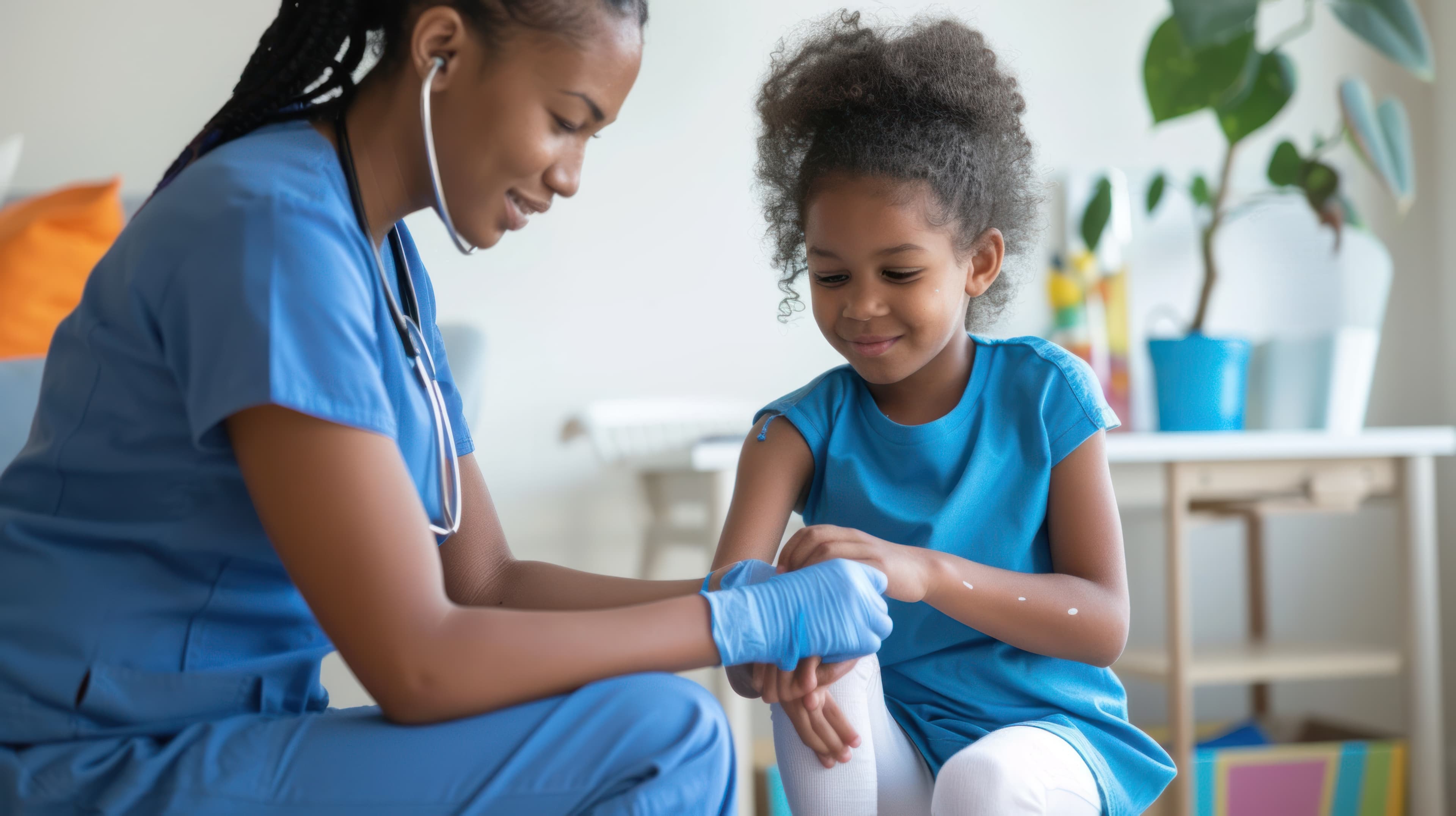 Nurse putting bandages on a student