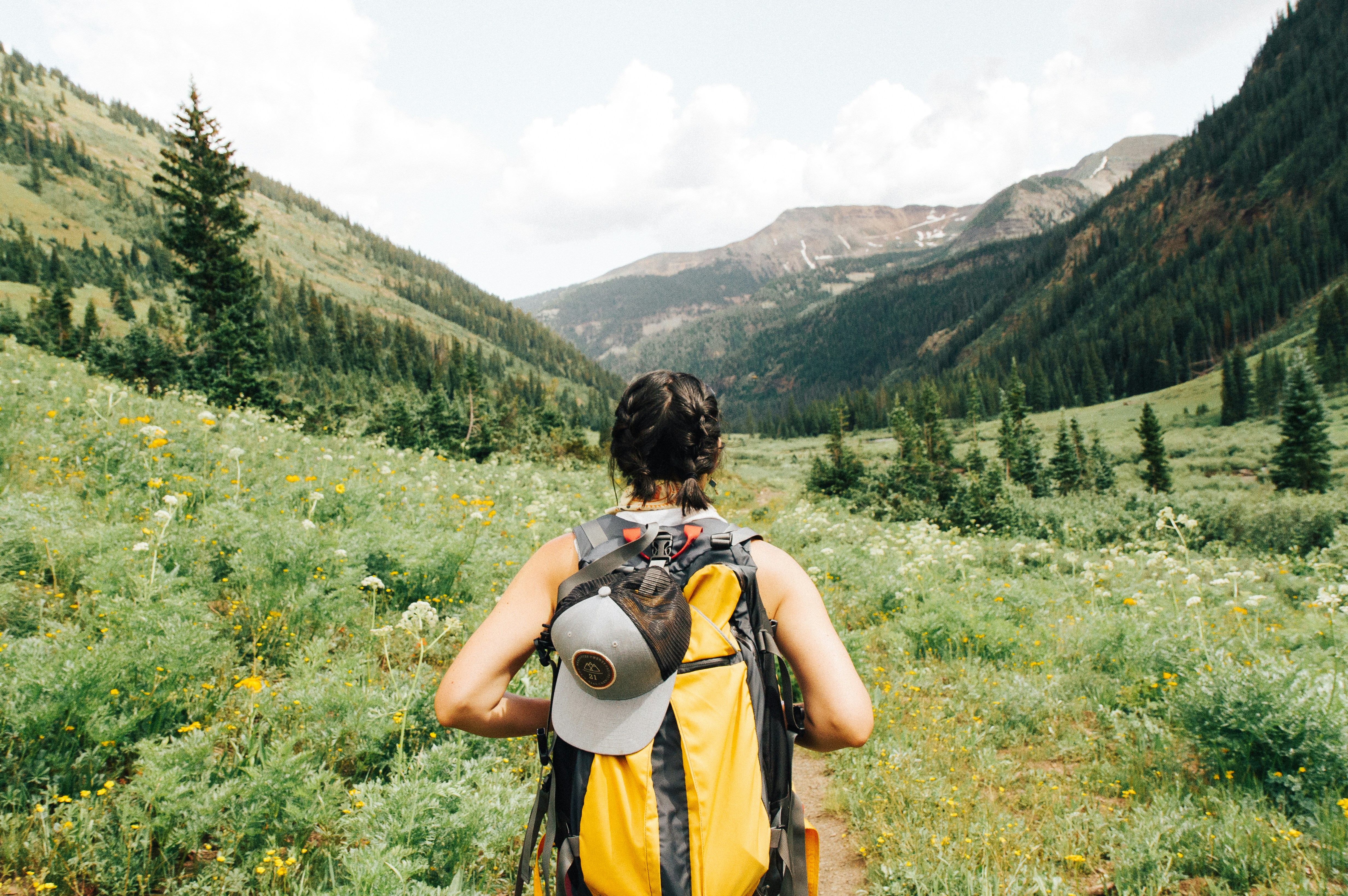 A traveler hiking